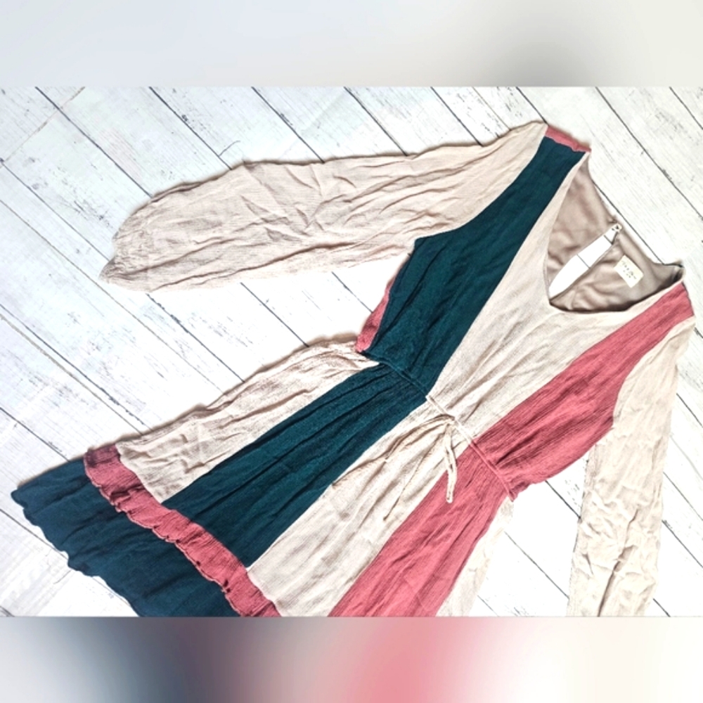 143 Story By Line Up Flowy Tiered Ruffle Longsleeve Midi Dress Colorblock Vneck - Picture 7 of 15